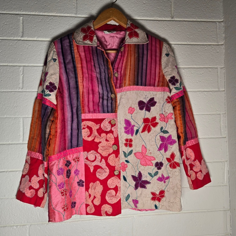 Vtg Sandy Starkman Womens Patchwork Jacket Multicolor Floral Butterfly Large